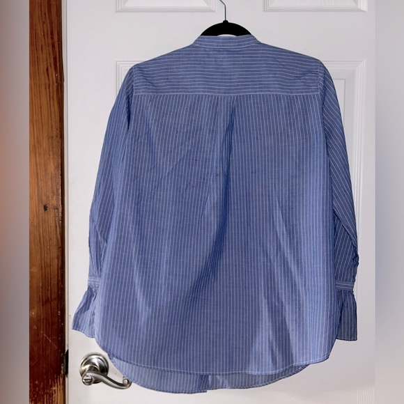 LOFT Blue Striped Embroidered Button Down Blouse with Ruffle Sleeves Medium - Picture 2 of 3